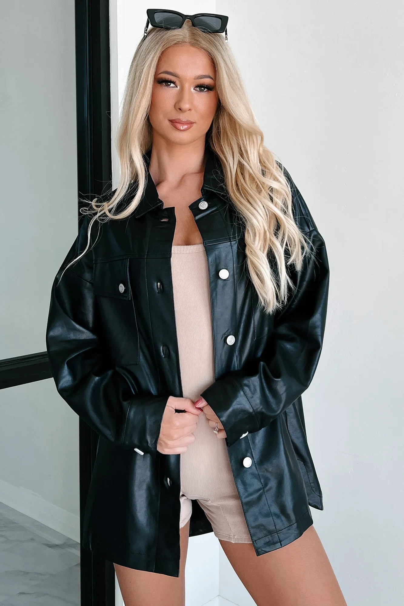Baddie Alert Faux Leather Shacket (Black)