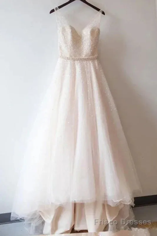 Beach Sequined Shining V Neck Prom Gowns Beaded Wedding Dress