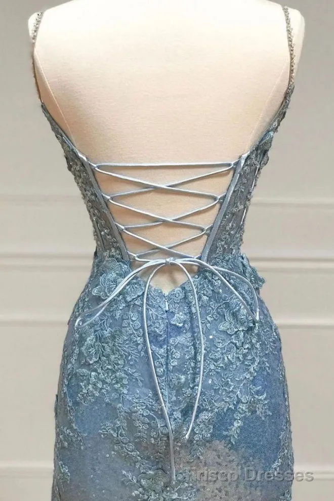 Beautiful Tiffany Blue Spaghetti Straps Tulle Applique Long Prom Dress Sequined Evening Dress with Slits