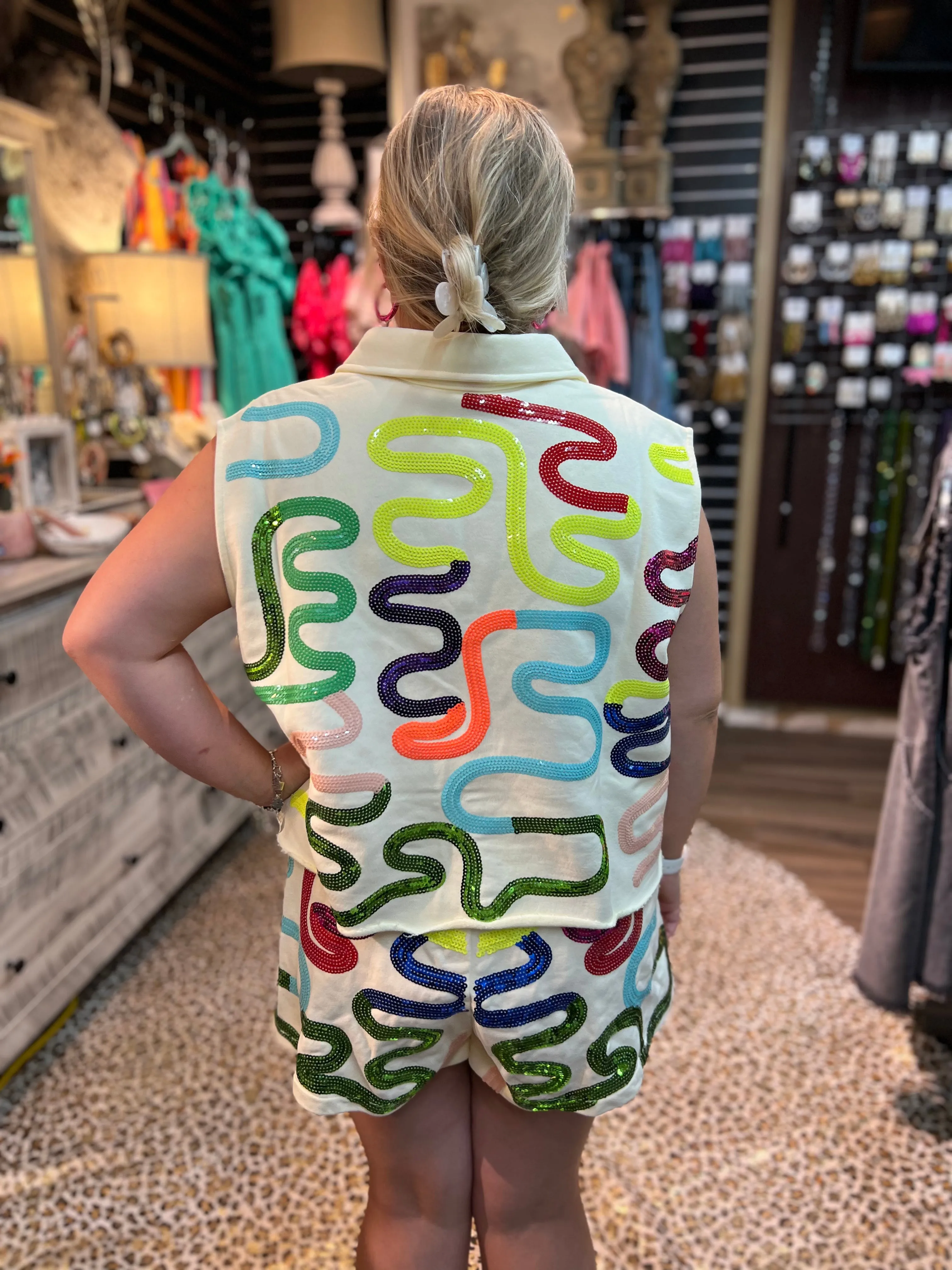 Beige & Neon Squiggle Collar Tank