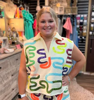 Beige & Neon Squiggle Collar Tank