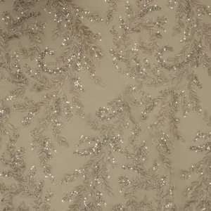 Beige and Gold Beaded and Sequined Abstract Embroidered Tulle Fabric