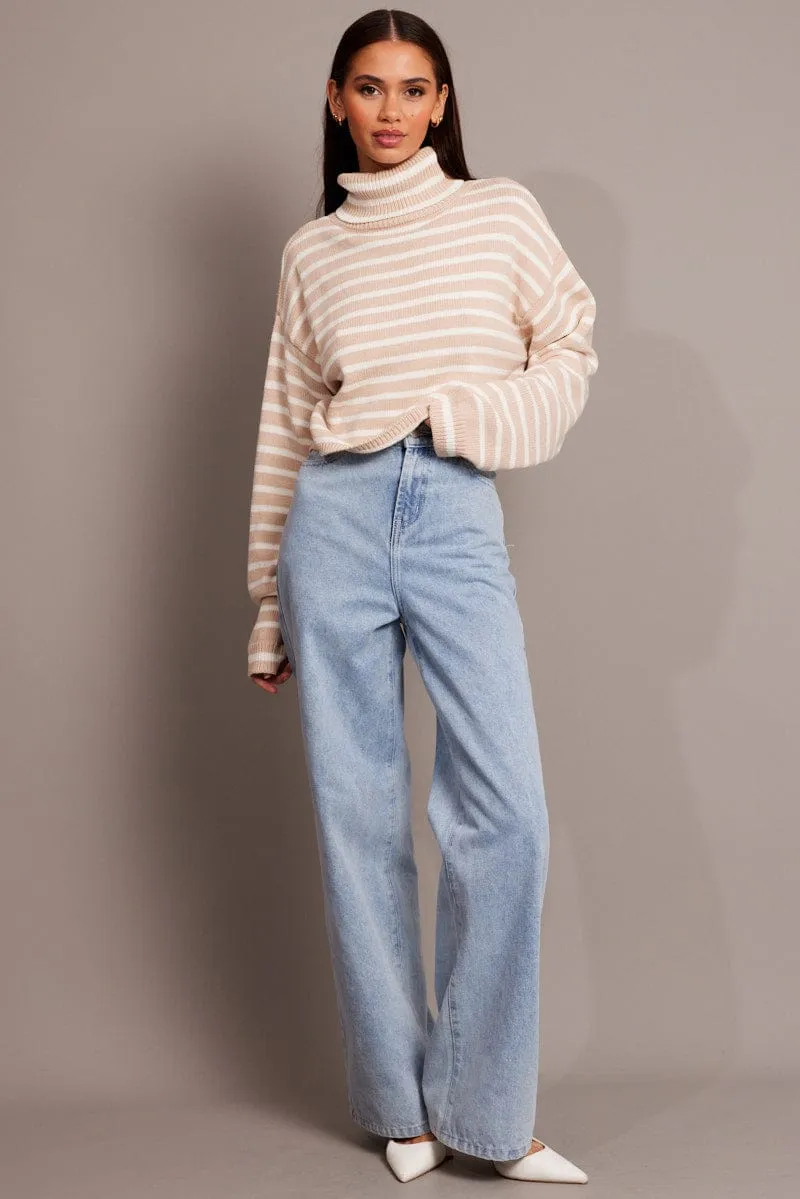 Beige Stripe Knit Top Long Sleeve High Neck