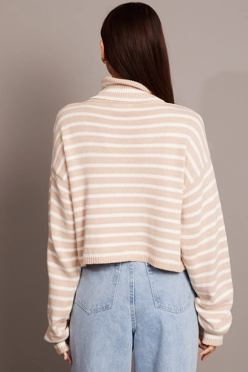 Beige Stripe Knit Top Long Sleeve High Neck