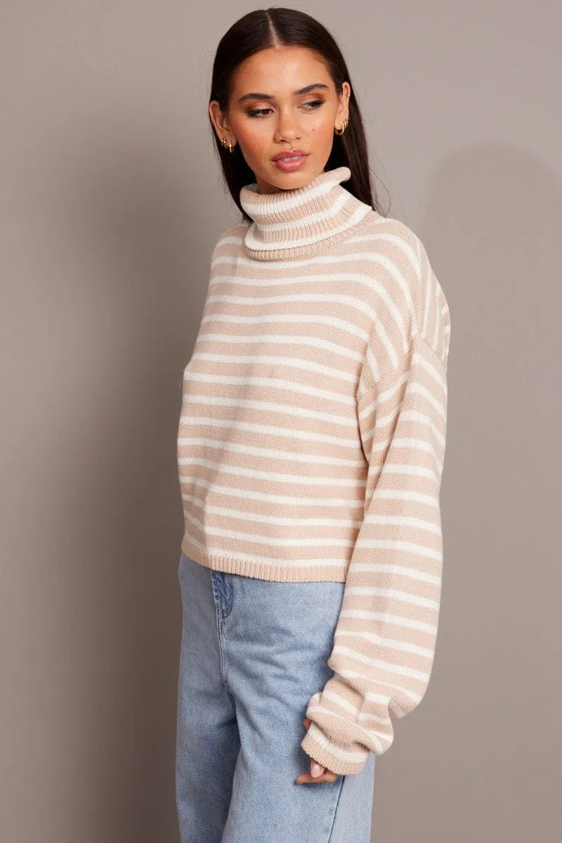 Beige Stripe Knit Top Long Sleeve High Neck