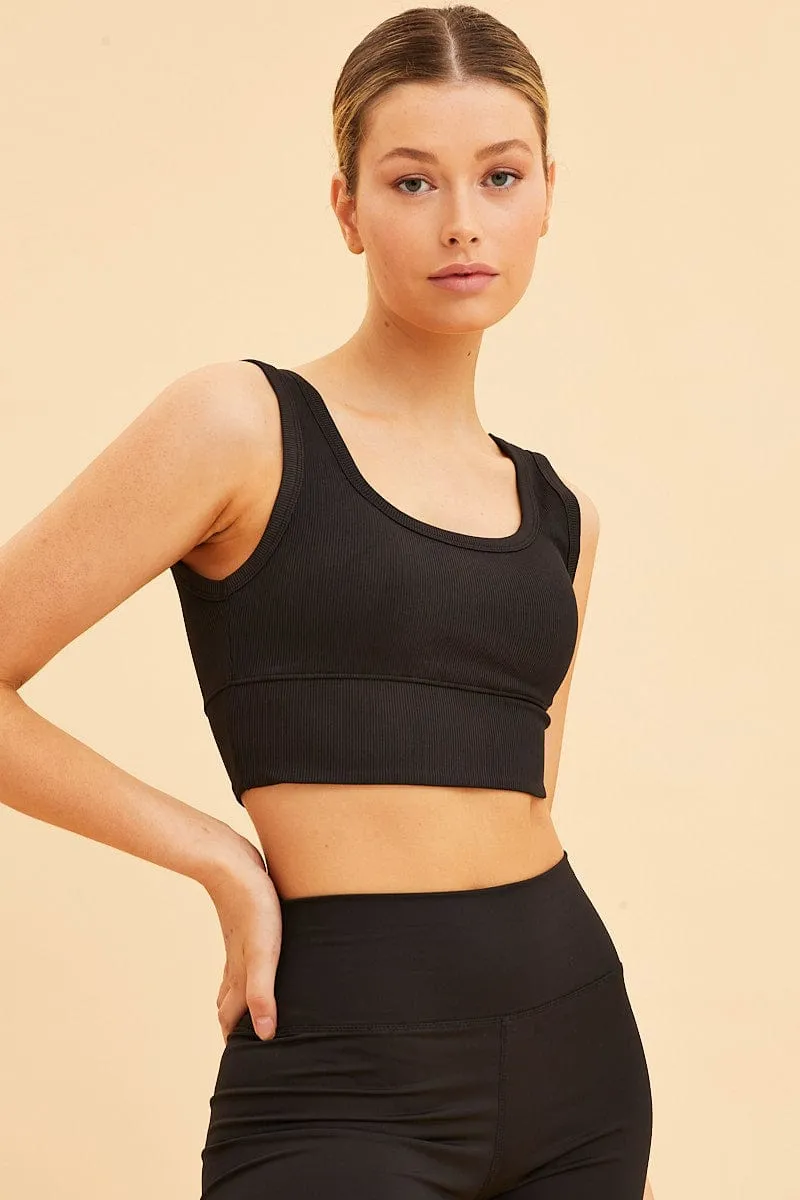 Black Crop Top Long Line Rib Elasticated Hem