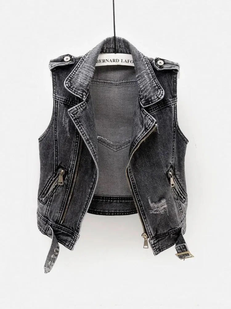Black Denim Sleeveless Jacket Grunge Ripped Vest