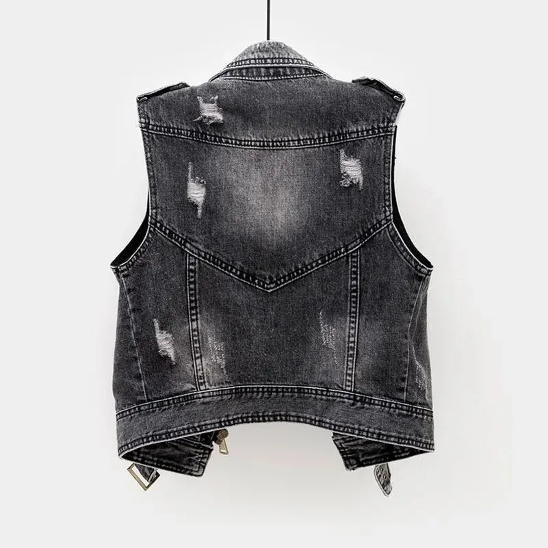 Black Denim Sleeveless Jacket Grunge Ripped Vest