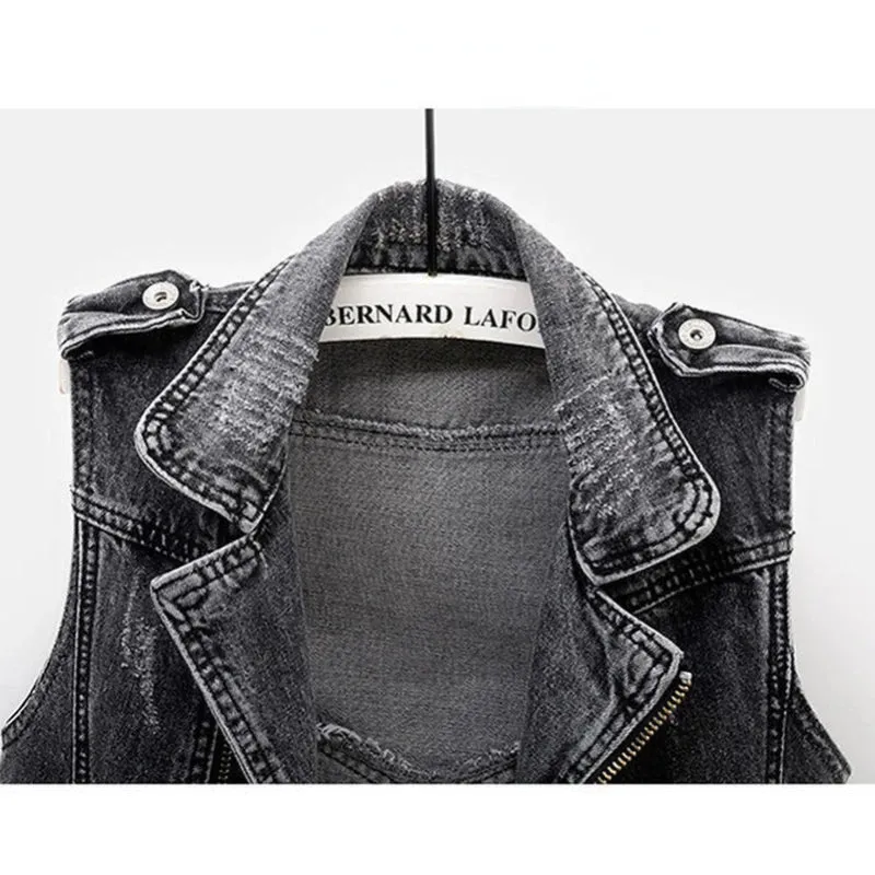Black Denim Sleeveless Jacket Grunge Ripped Vest