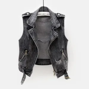 Black Denim Sleeveless Jacket Grunge Ripped Vest