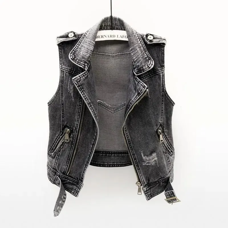Black Denim Sleeveless Jacket Grunge Ripped Vest
