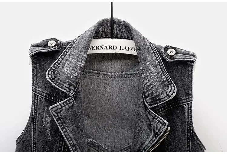 Black Denim Sleeveless Jacket Grunge Ripped Vest