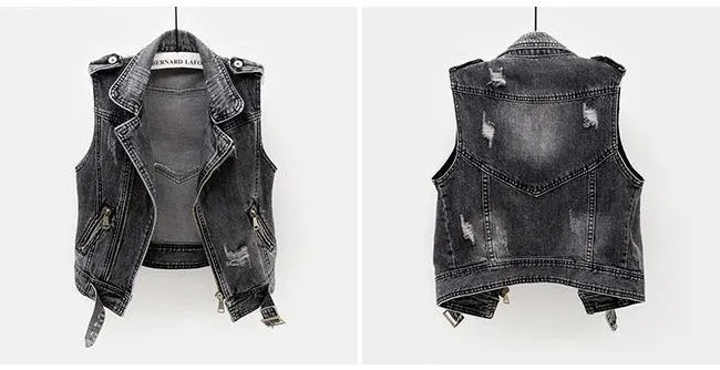 Black Denim Sleeveless Jacket Grunge Ripped Vest