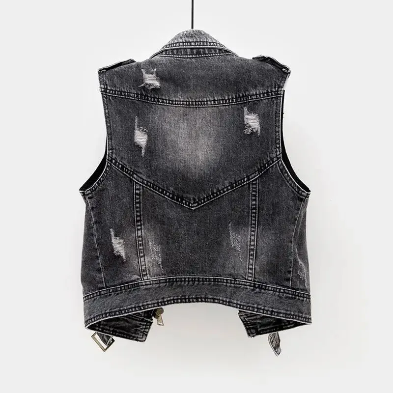 Black Denim Sleeveless Jacket Grunge Ripped Vest