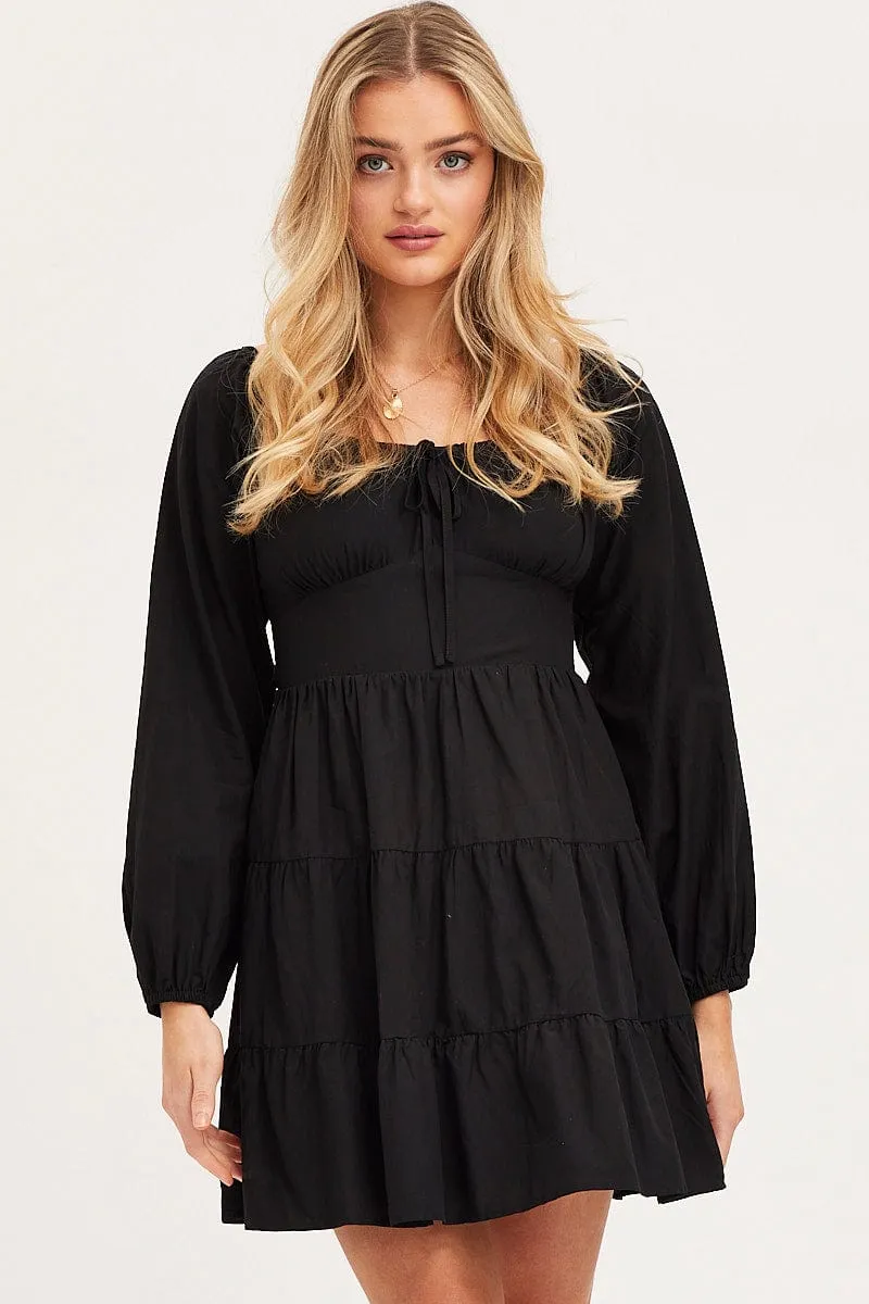 Black Fit And Flare Dress Long Sleeve Square Neck