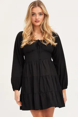 Black Fit And Flare Dress Long Sleeve Square Neck