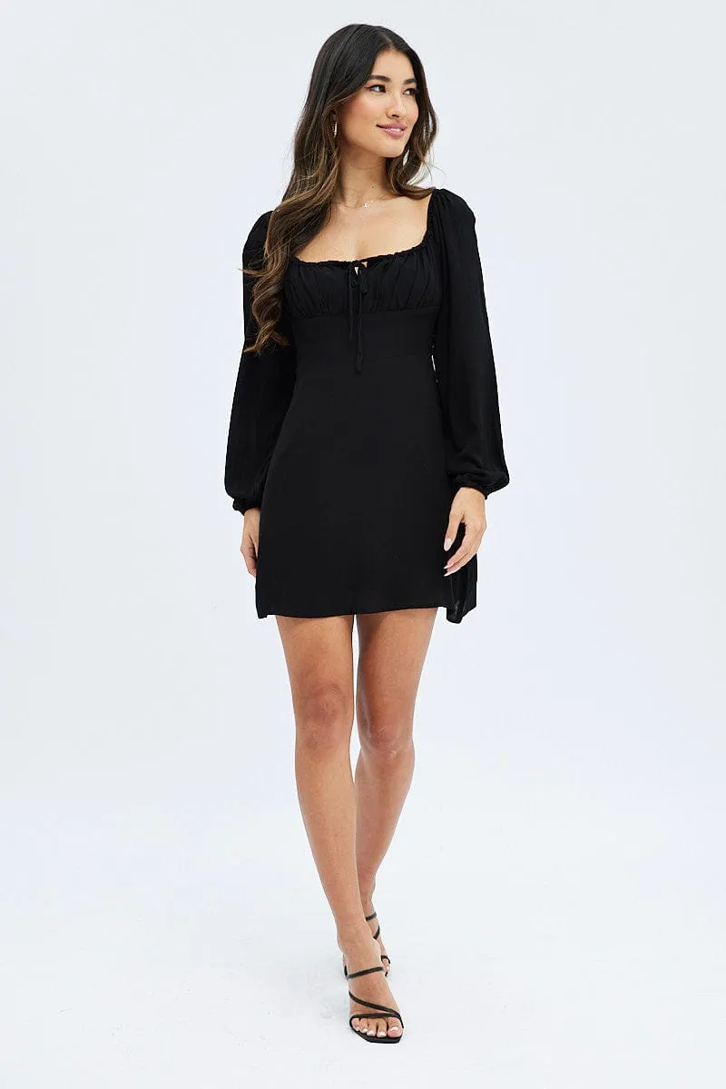 Black Mini Dress Ruched Bust Long Sleeve