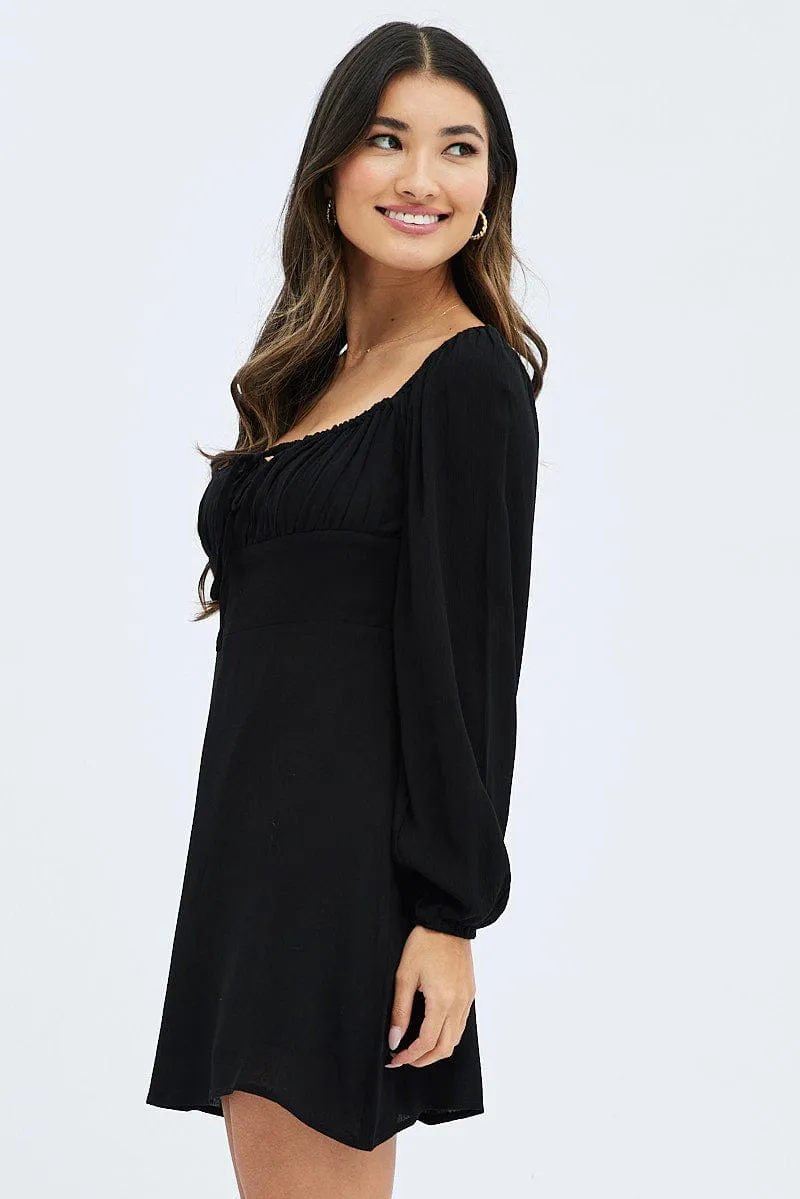 Black Mini Dress Ruched Bust Long Sleeve