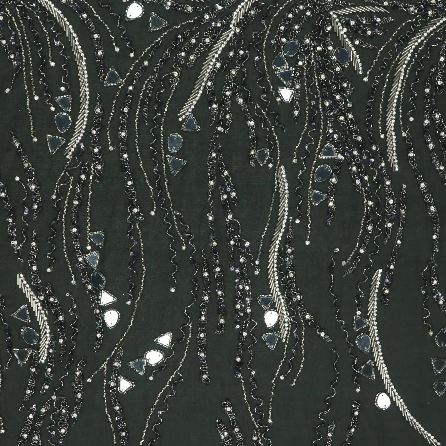Black Sequined and Beaded Embroidered Tulle Fabric