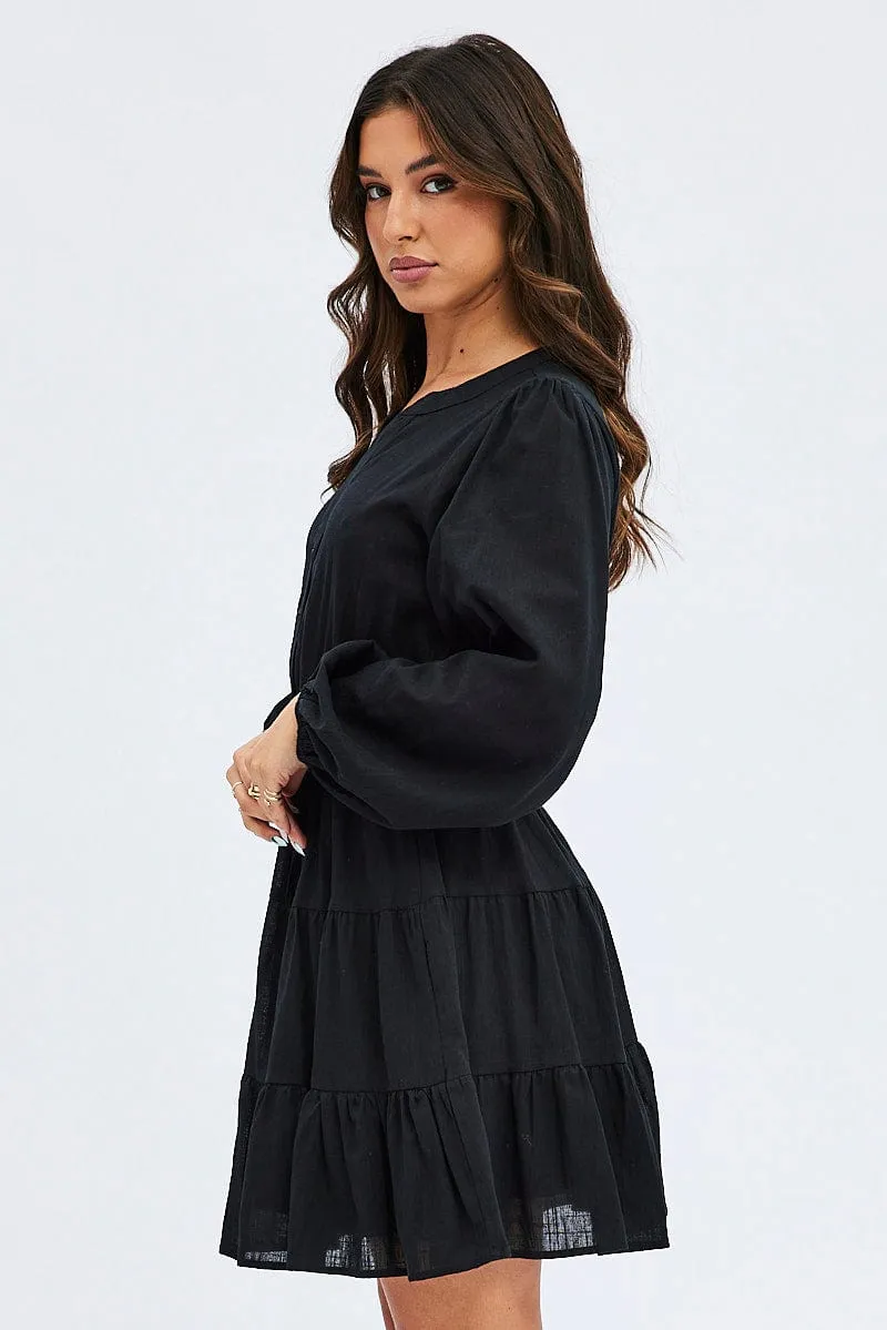 Black Shirt Dress Long Sleeve Tiered