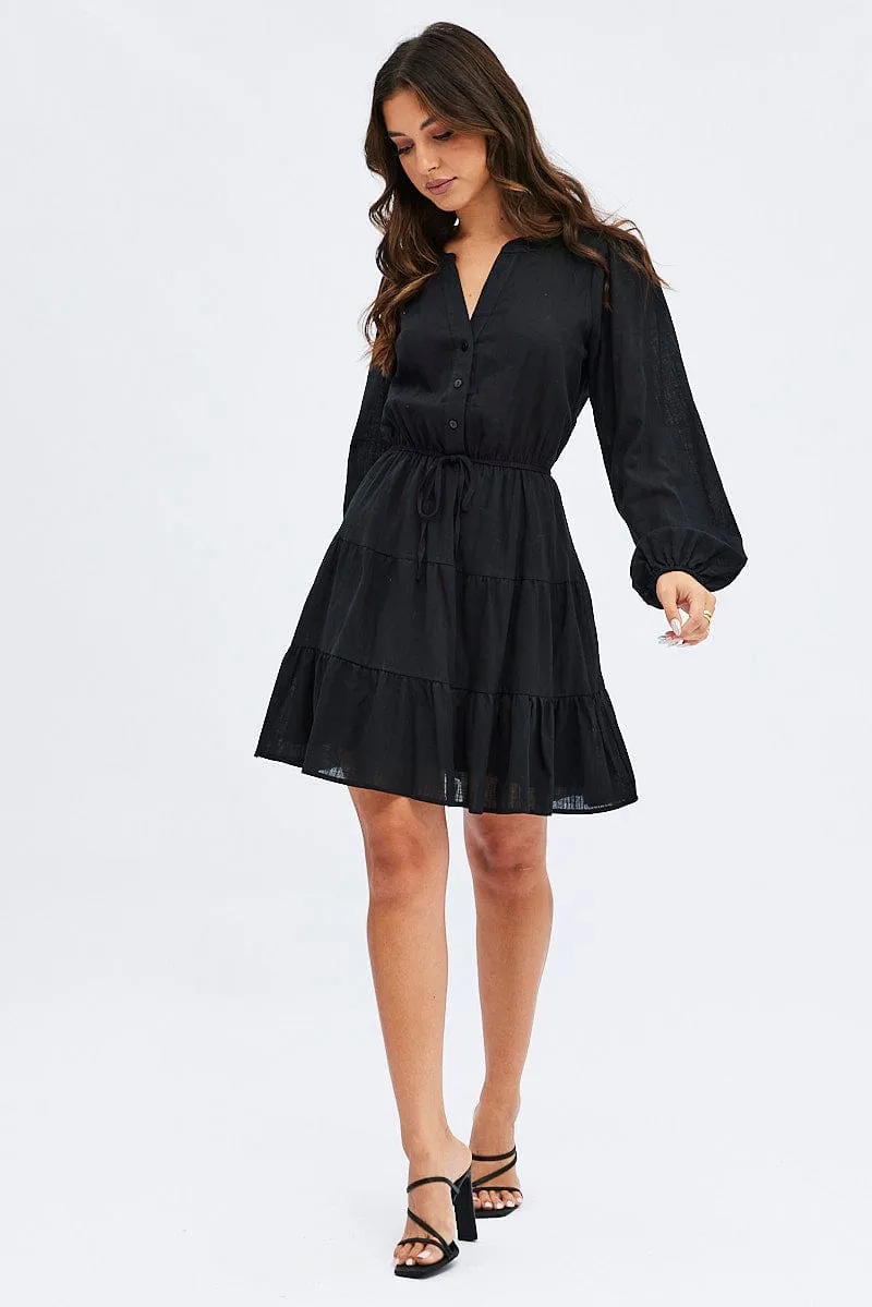 Black Shirt Dress Long Sleeve Tiered