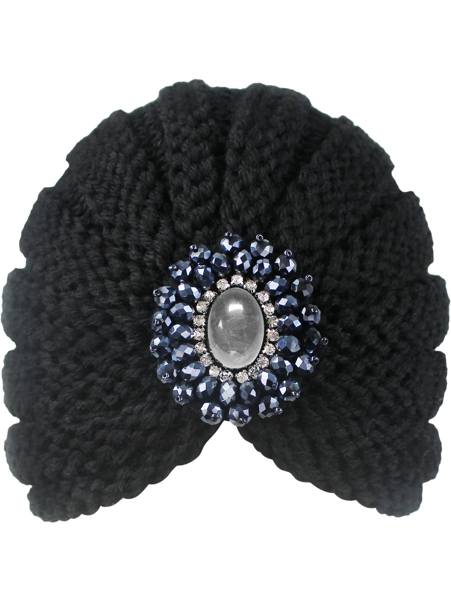 Black Thick Knit Beaded Medallion Turban Head Wrap