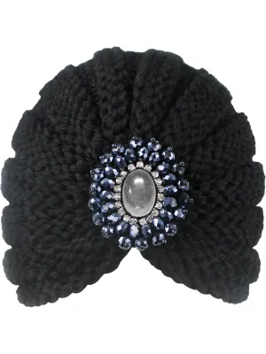 Black Thick Knit Beaded Medallion Turban Head Wrap