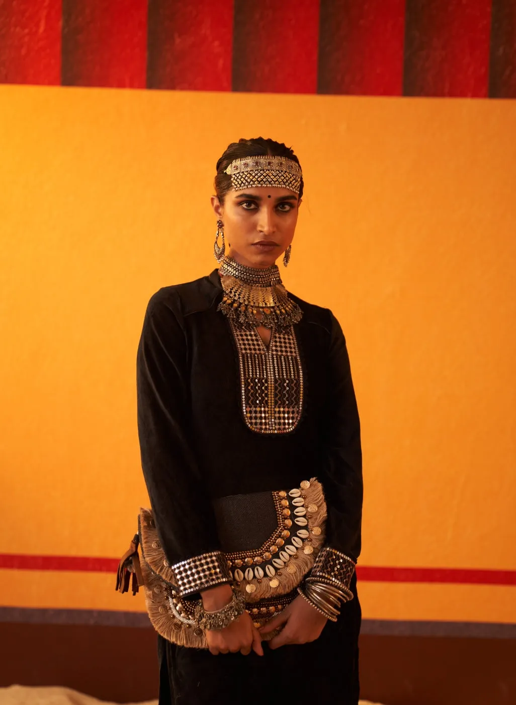 Black Woollen Kurta for Women with Leather Collar and Sequin Work