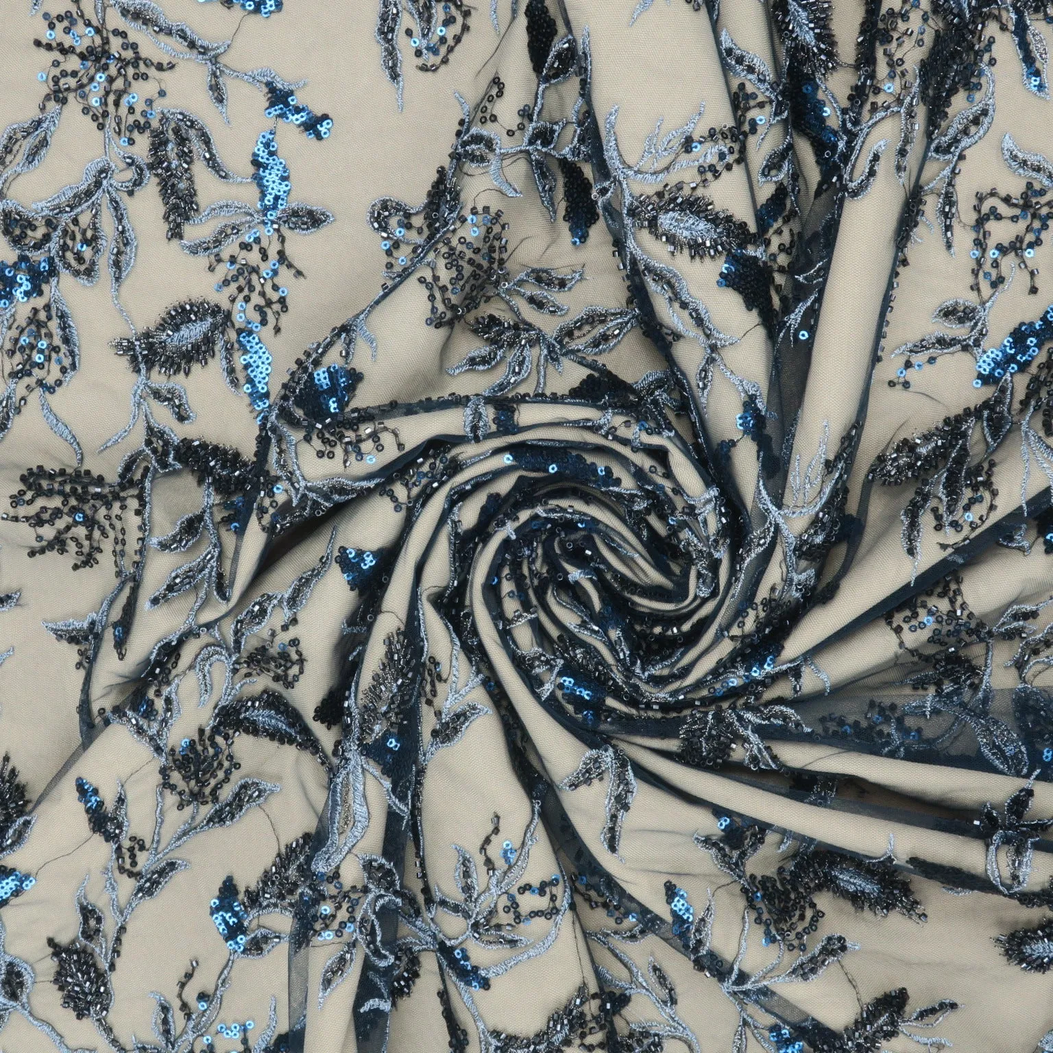 Blue Beaded and Sequined Flower Abstract Embroidered Tulle Fabric
