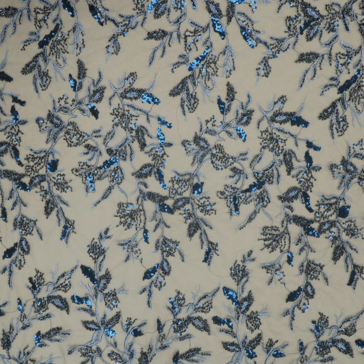 Blue Beaded and Sequined Flower Abstract Embroidered Tulle Fabric