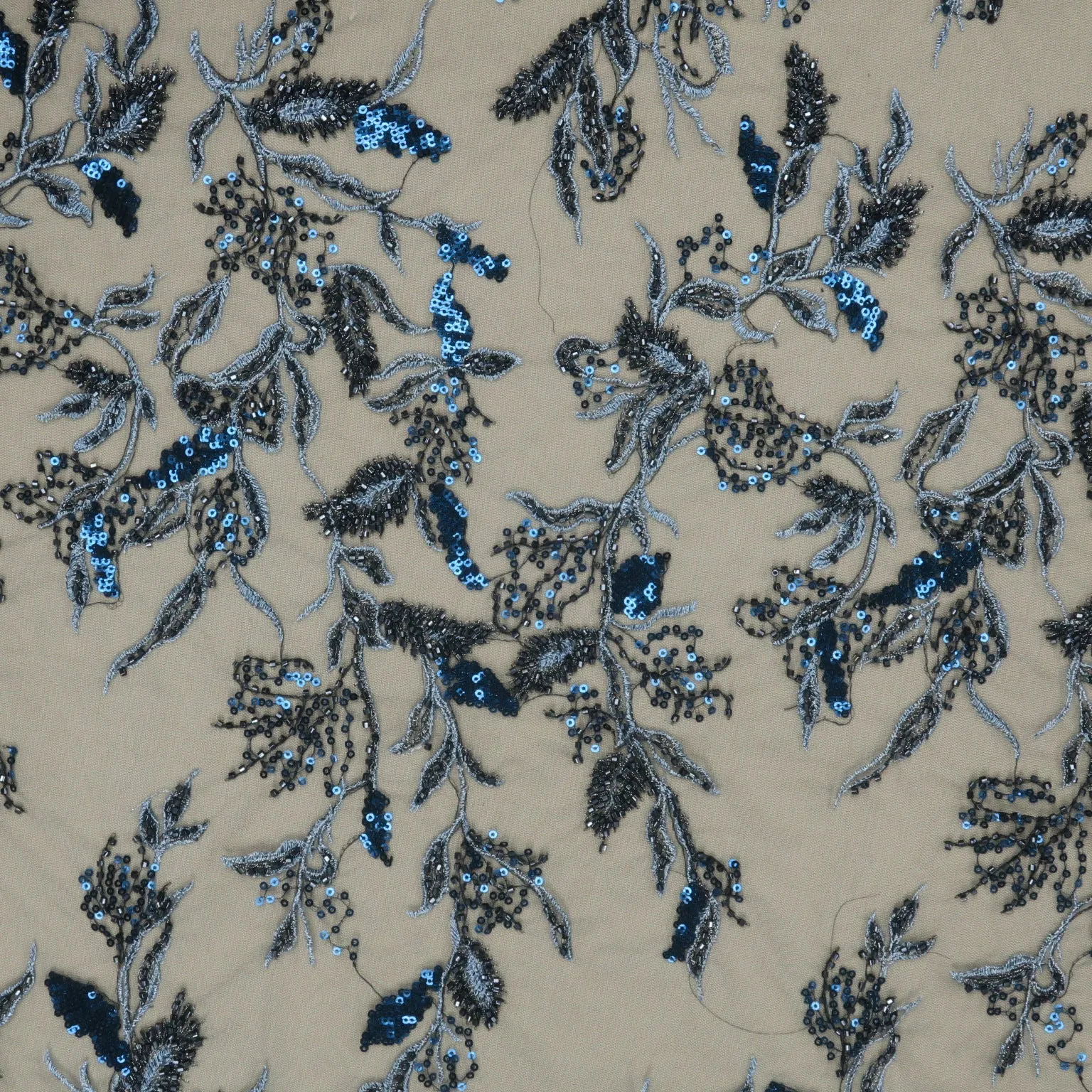 Blue Beaded and Sequined Flower Abstract Embroidered Tulle Fabric