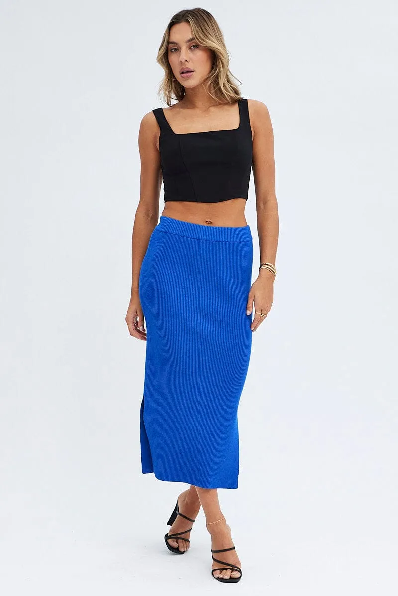 Blue Knit Skirt High Rise Ribbed Mid