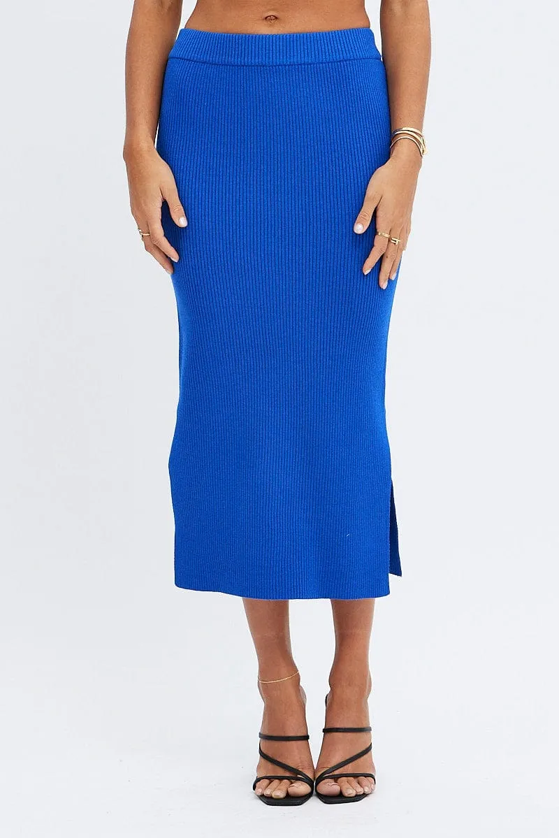 Blue Knit Skirt High Rise Ribbed Mid