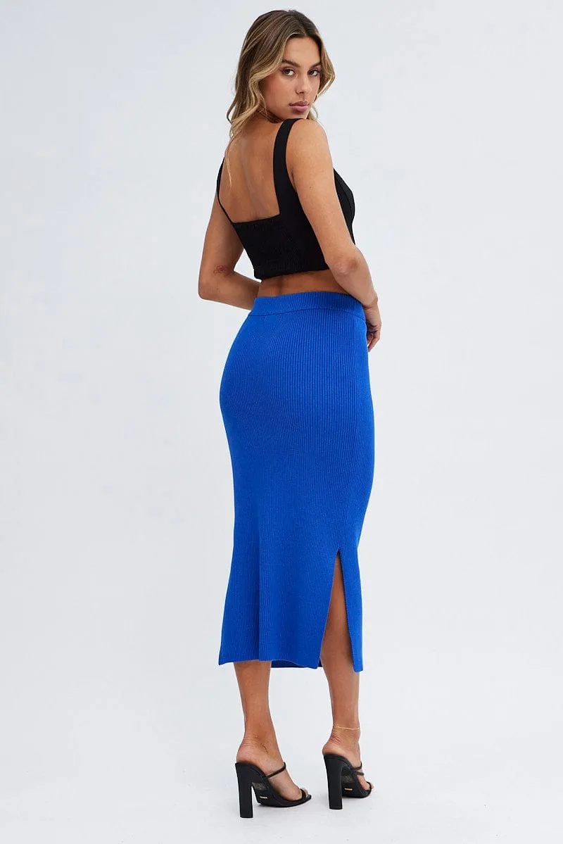 Blue Knit Skirt High Rise Ribbed Mid