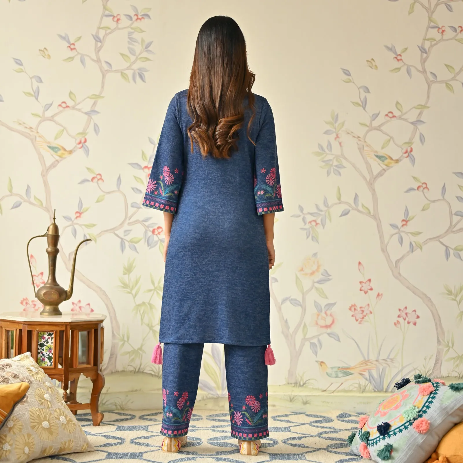Blue Tribal Woollen Kurta Set with Tassel Detailing
