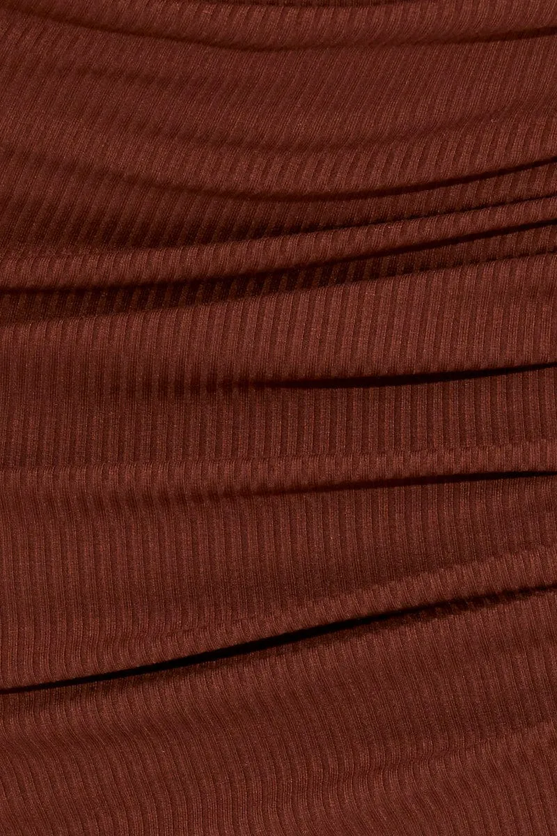Brown Maxi Skirt Front Slit Ribbed