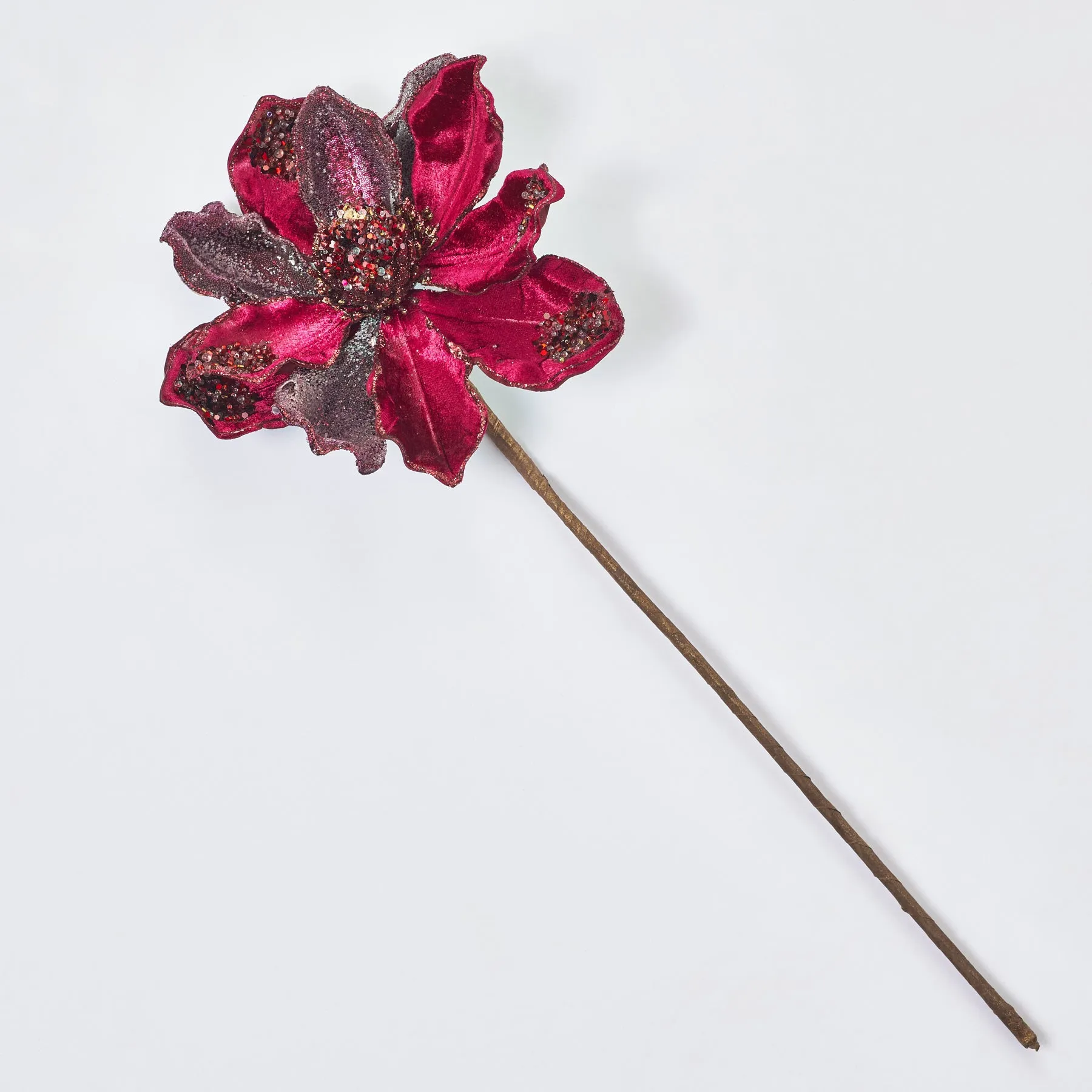 Burgundy Red Beaded & Sequined Adorned Magnolia Bloom Faux Floral Stem - 19"