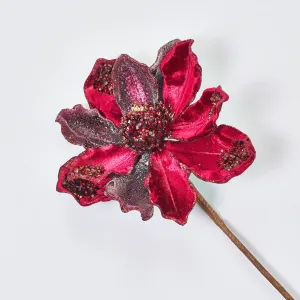 Burgundy Red Beaded & Sequined Adorned Magnolia Bloom Faux Floral Stem - 19"