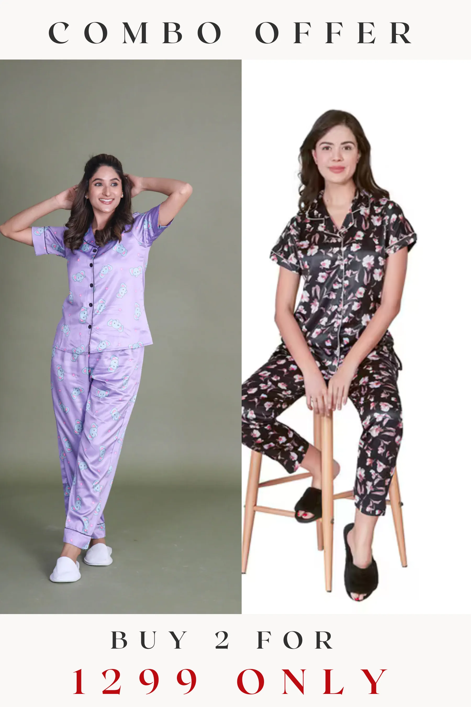 COMBO OF 2 Night Wear Satin Charcoal Lilac Color suits