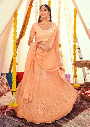 Coral Peach Sequined Wedding Function Wear Lehenga Choli