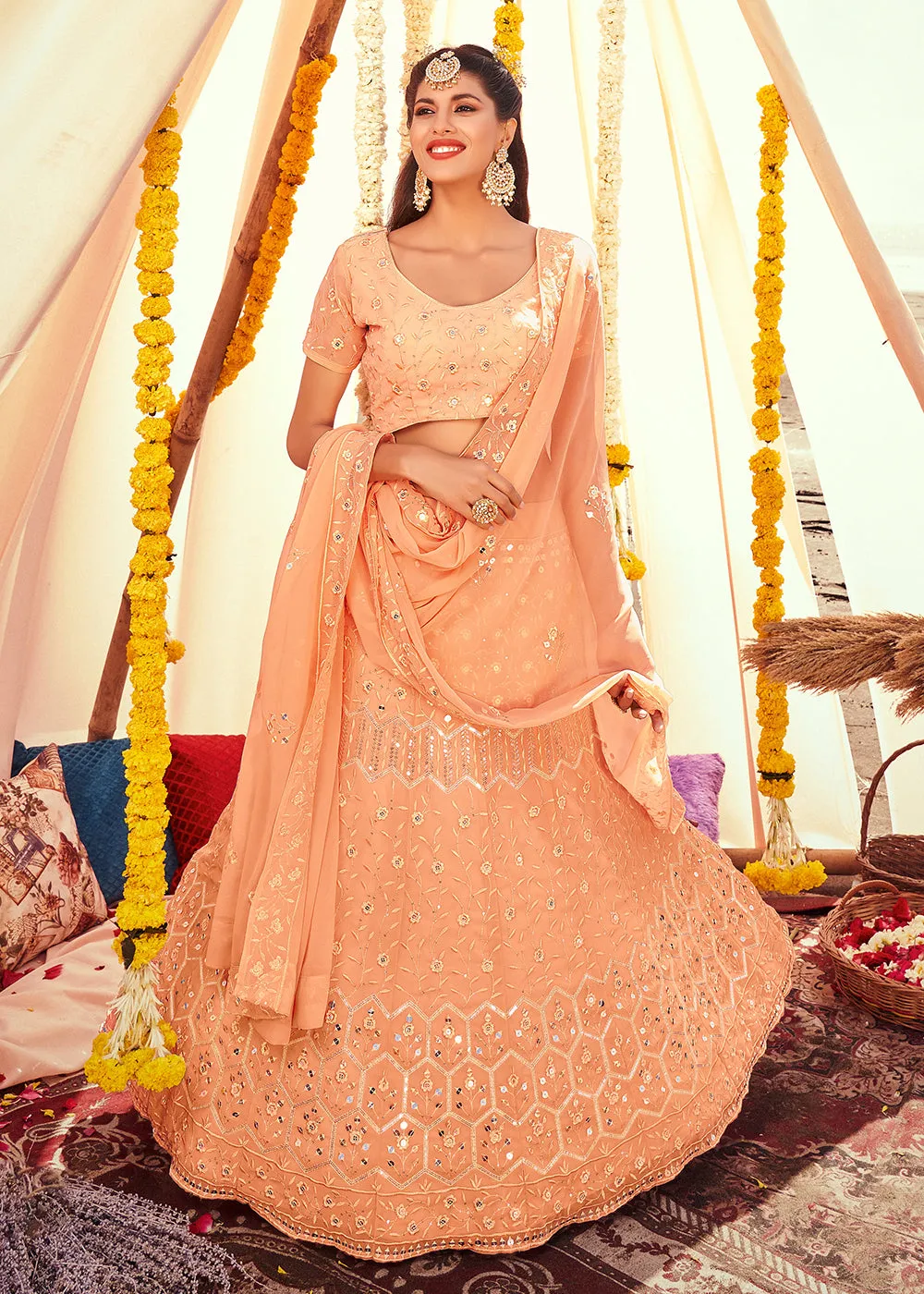 Coral Peach Sequined Wedding Function Wear Lehenga Choli