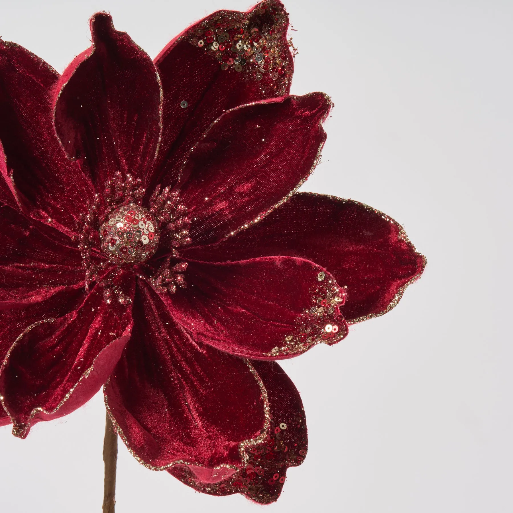 Dark Burgundy Glitter & Sequined Adorned Magnolia Bloom Faux Floral Stem - 24"