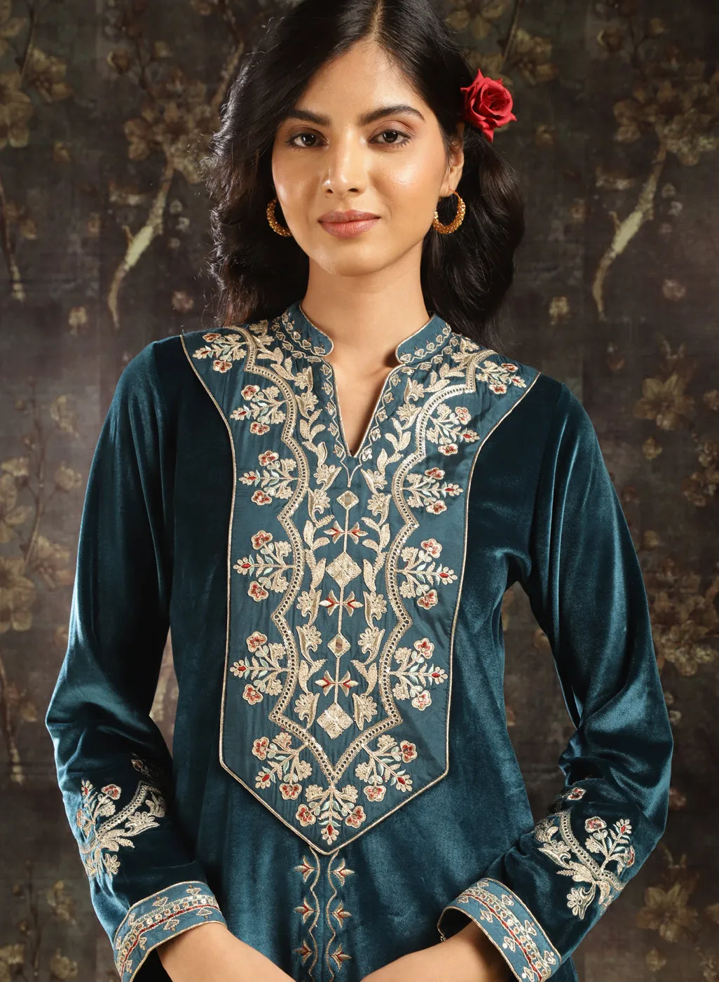 Dark Teal Zari Work Velvet Kurta with Sequins