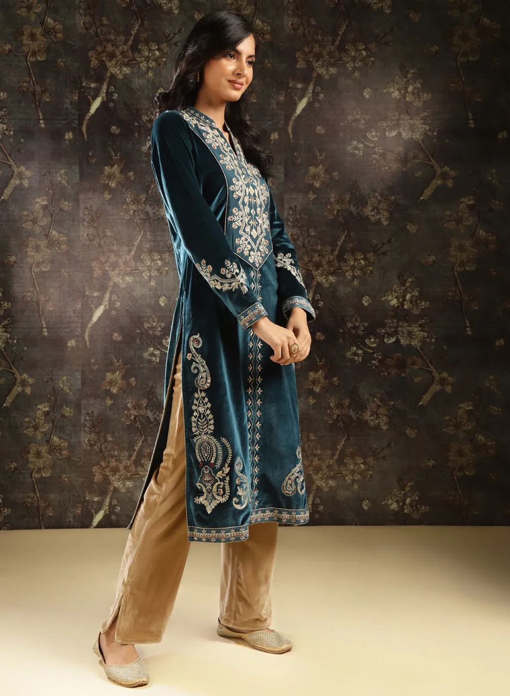 Dark Teal Zari Work Velvet Kurta with Sequins