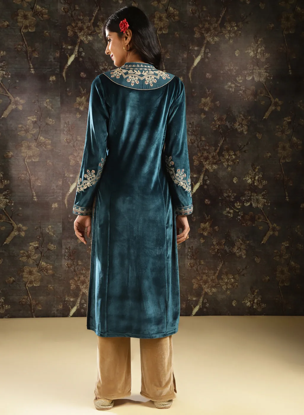 Dark Teal Zari Work Velvet Kurta with Sequins