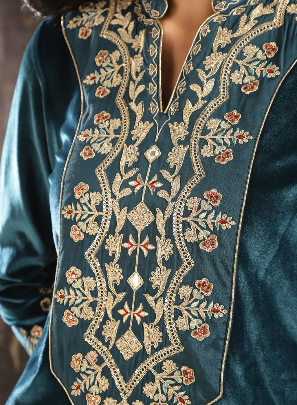 Dark Teal Zari Work Velvet Kurta with Sequins