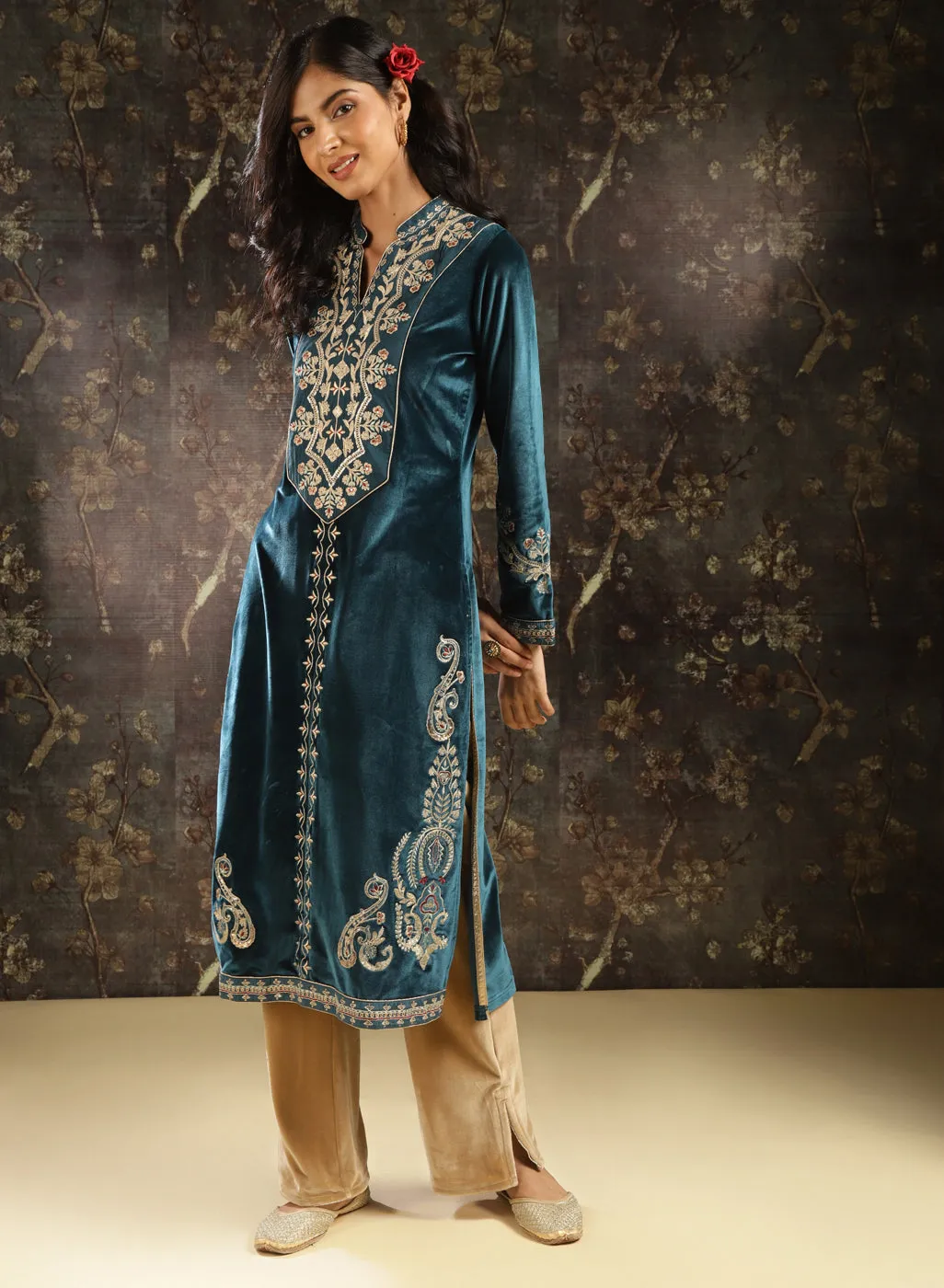 Dark Teal Zari Work Velvet Kurta with Sequins