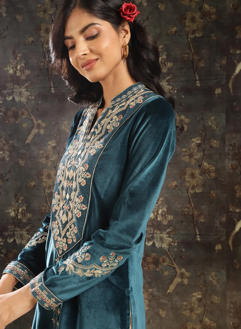 Dark Teal Zari Work Velvet Kurta with Sequins