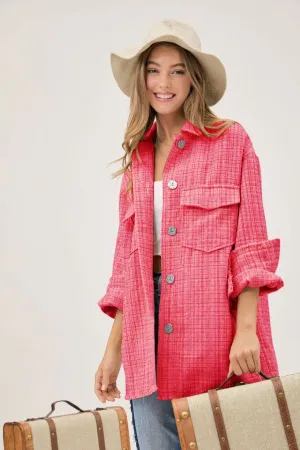 Davi & Dani Collared Overshirt With Front Pockets & Raw Edge