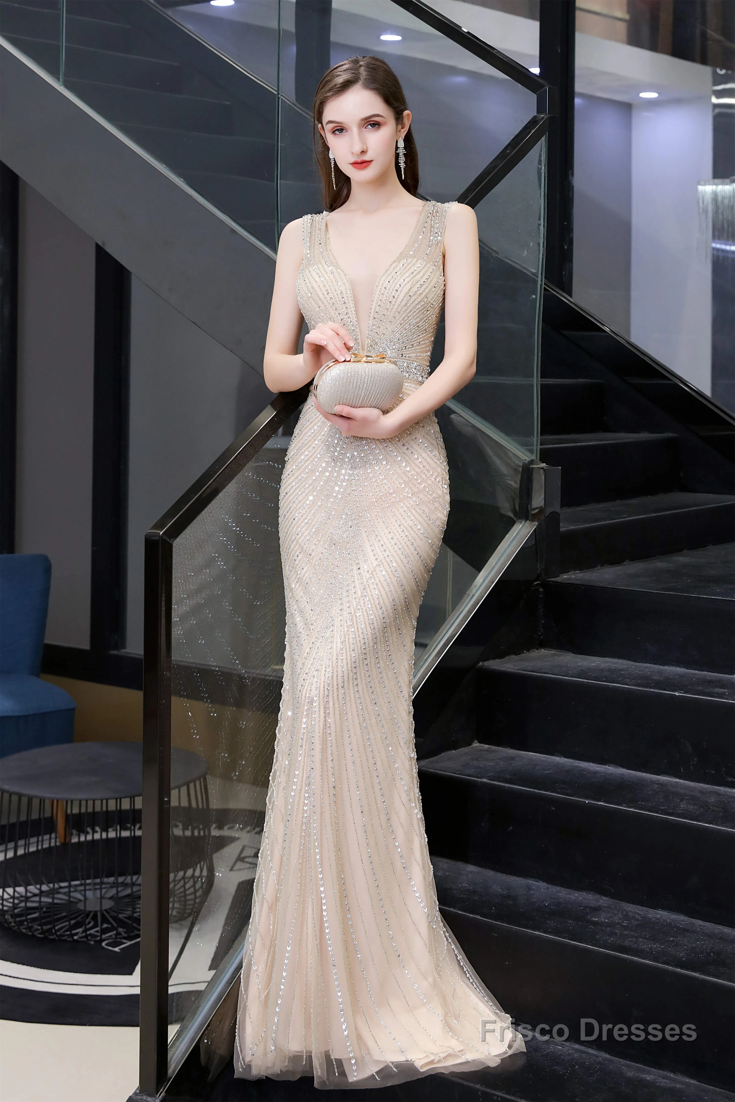 Deep V neck Backless Full of Bead Sequined Mermaid Long Prom Dresses